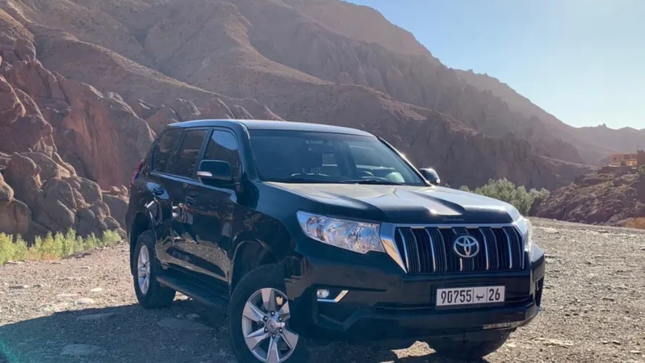 Black Toyota Land Cruiser Prado 4x4 with a private driver in the Moroccan Atlas mountains